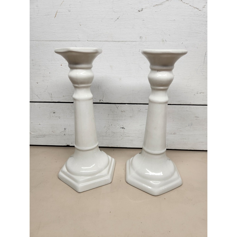Lot of (2) Vtg Glaze White Painted Candlestick Holders Ceramic Portugal 214/56